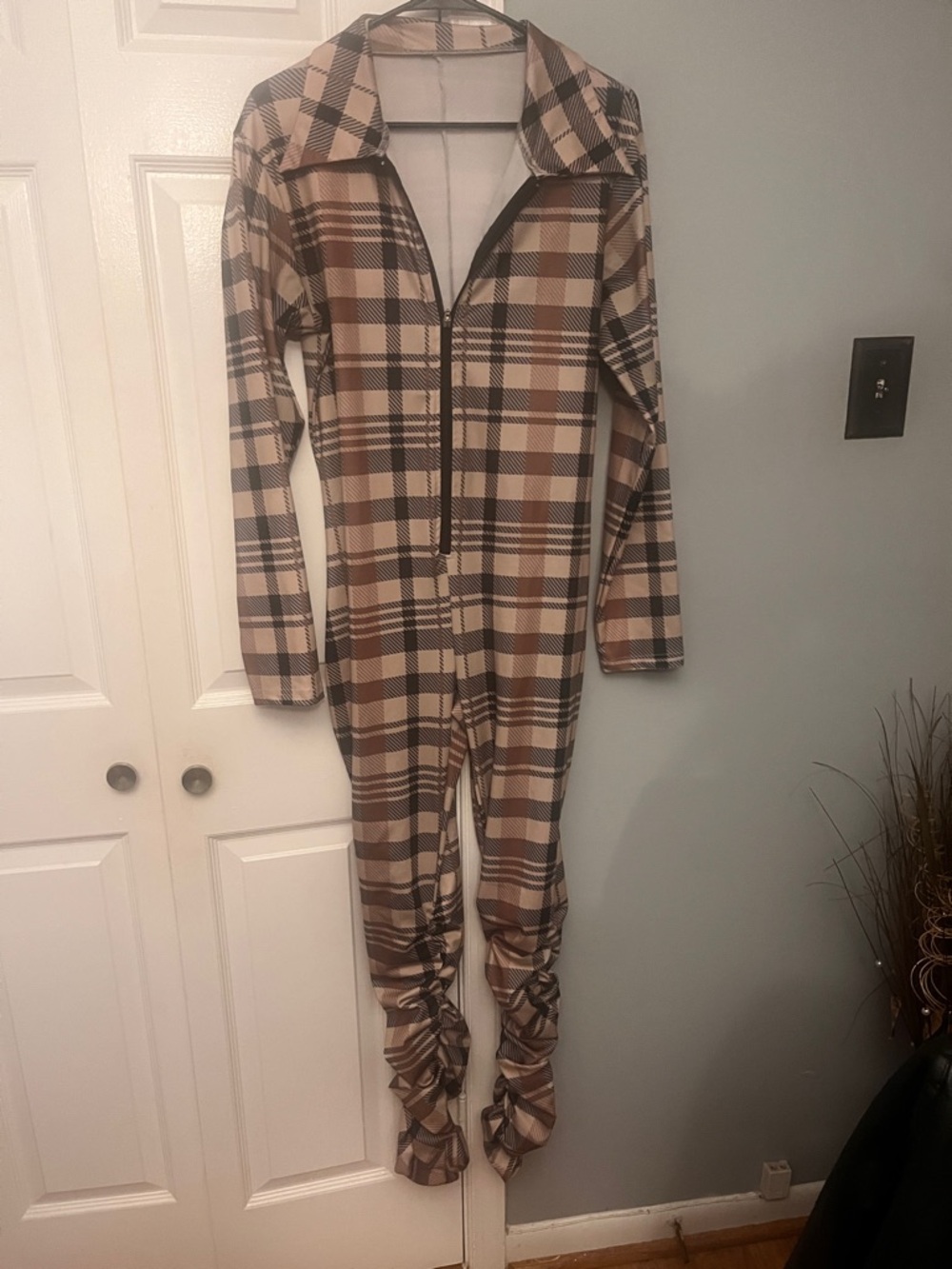 SHEIN Brown and Cream Plaid Zip-Front Jumpsuit
